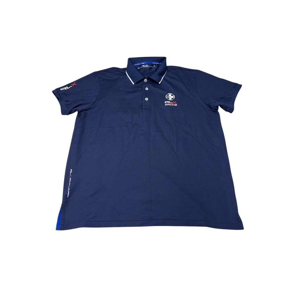 RLX Ralph Lauren Racing Polo Shirt Navy Blue Women Large ATL A6 Graphic Logo